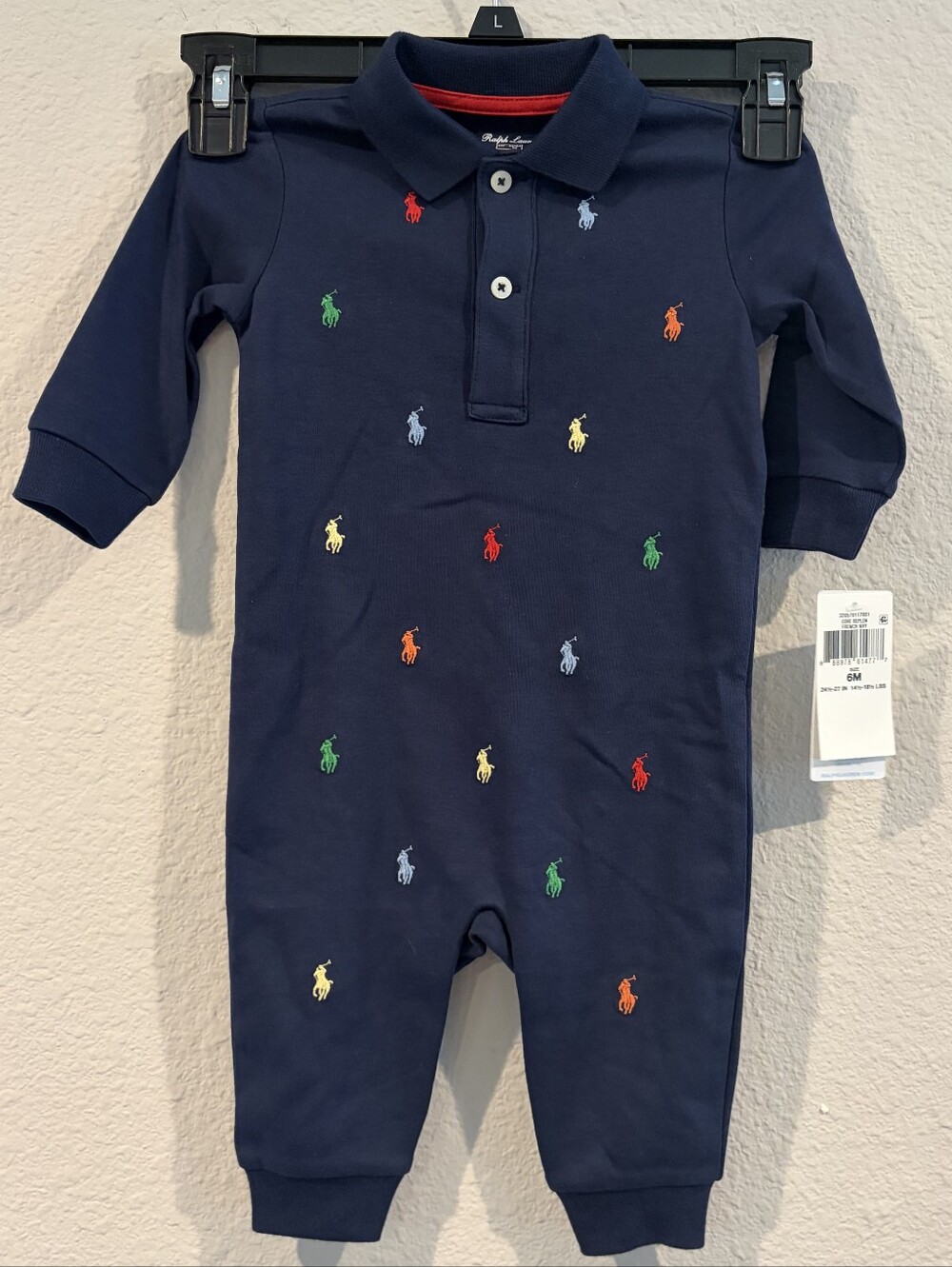 NEW Ralph Lauren‎ Baby Navy Blue Multicolor Embroidered Pony Onesie Outfit SZ 6M